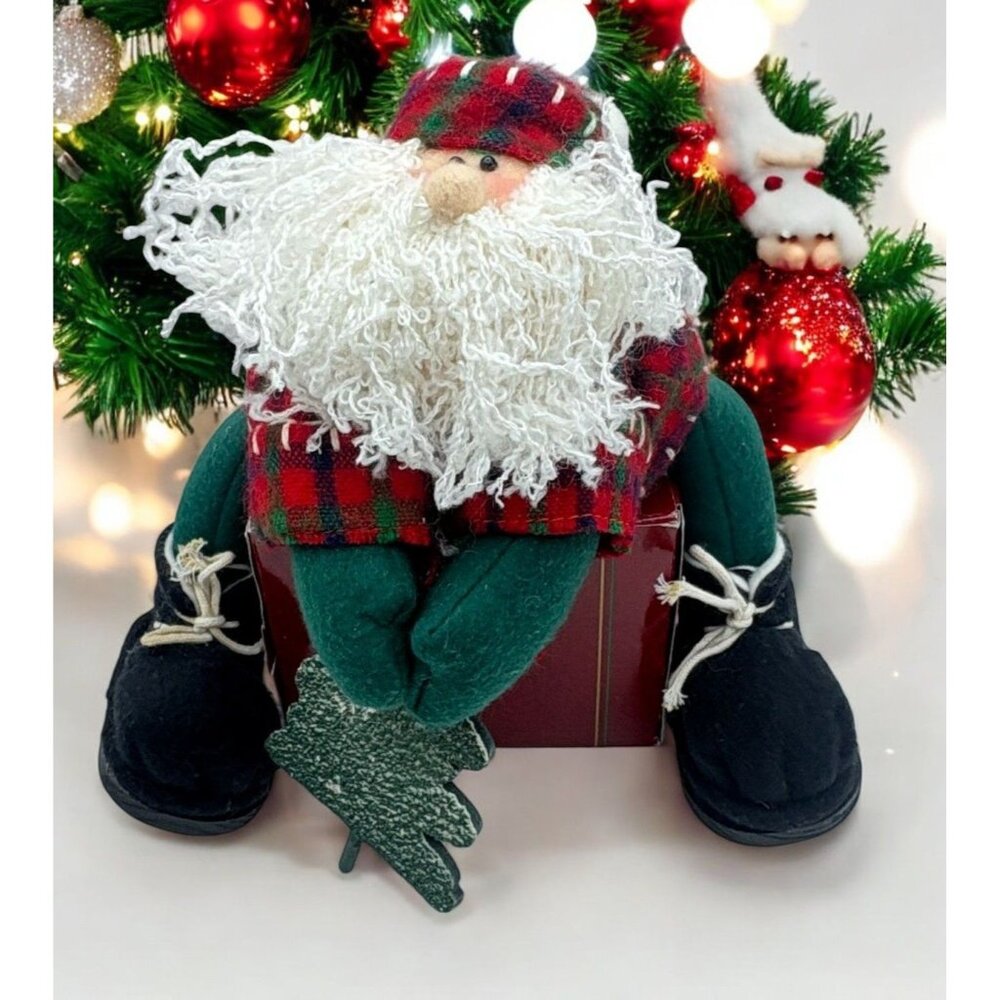 Handcrafted Santa Claus Shelf Sitter Christmas Decor with Tree Plaid Outfit